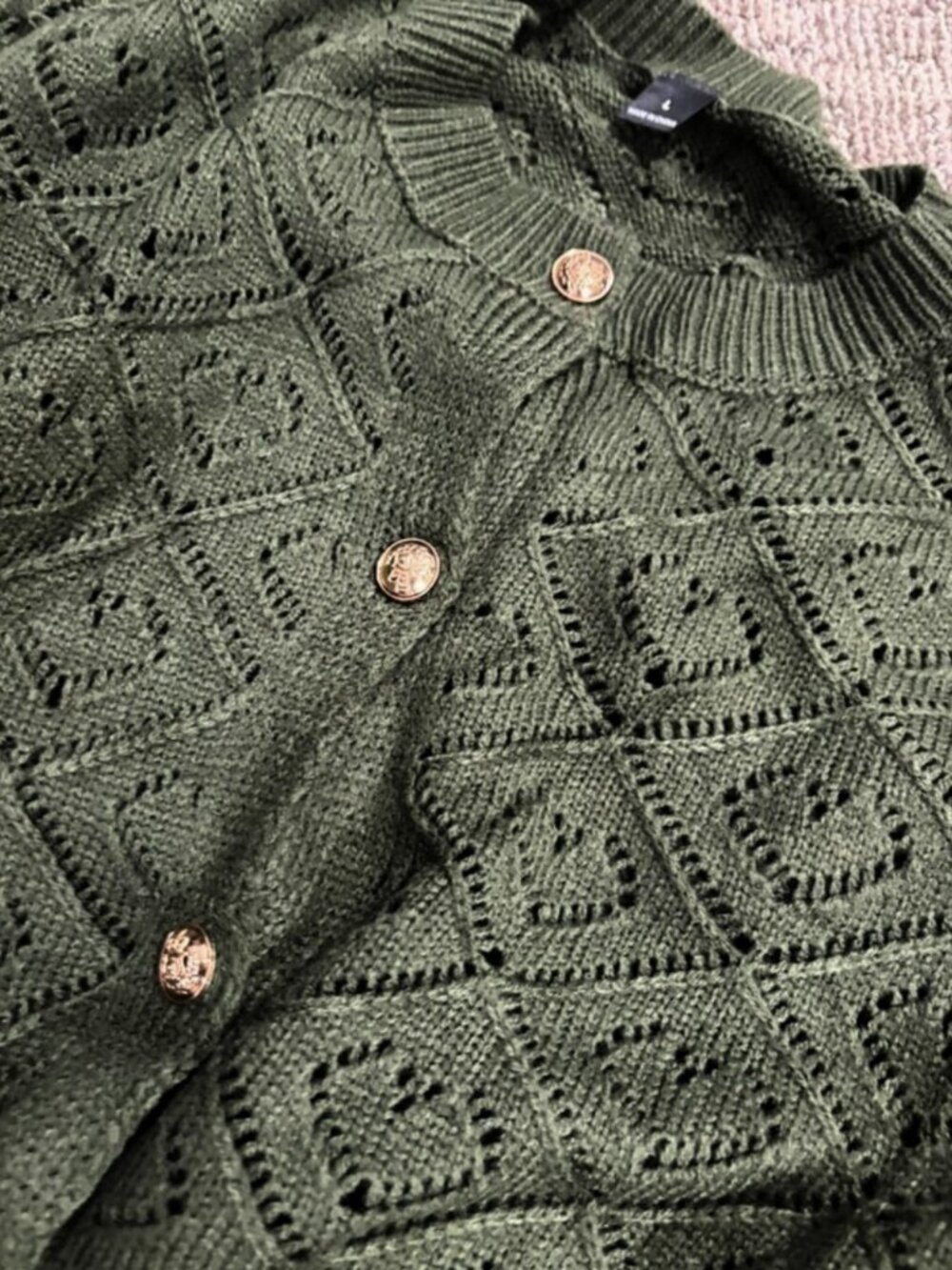 Women's Olive Green Hollow Out Knit Cardigan Round Neck Gold Button Crop Top - Picture 5 of 7